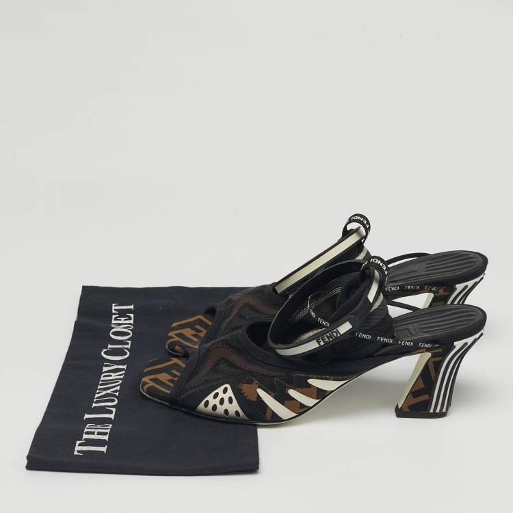 Pre Owned Fendi Black/Brown FF Neoprene and Mesh Freedom Patchwork Slingback Sandals Size 40