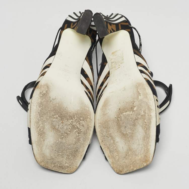 Pre Owned Fendi Black/Brown FF Neoprene and Mesh Freedom Patchwork Slingback Sandals Size 40