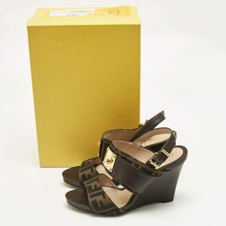 Pre Owned Fendi Brown Zucca Canvas and Leather Slingback Wedge Sandals Size 39