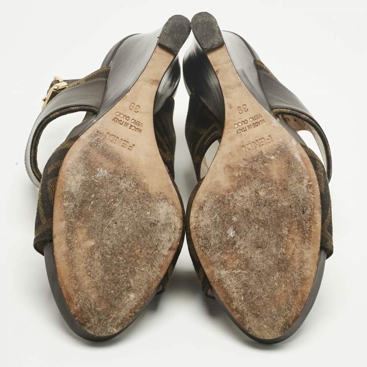 Pre Owned Fendi Brown Zucca Canvas and Leather Slingback Wedge Sandals Size 39