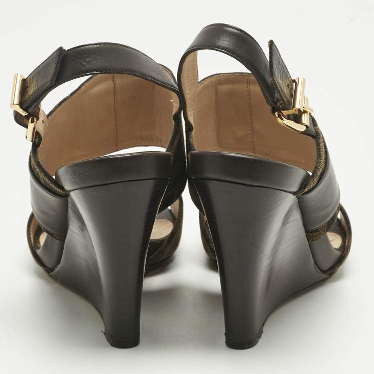Pre Owned Fendi Brown Zucca Canvas and Leather Slingback Wedge Sandals Size 39