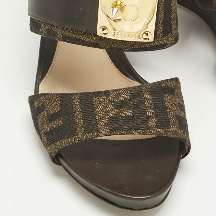 Pre Owned Fendi Brown Zucca Canvas and Leather Slingback Wedge Sandals Size 39