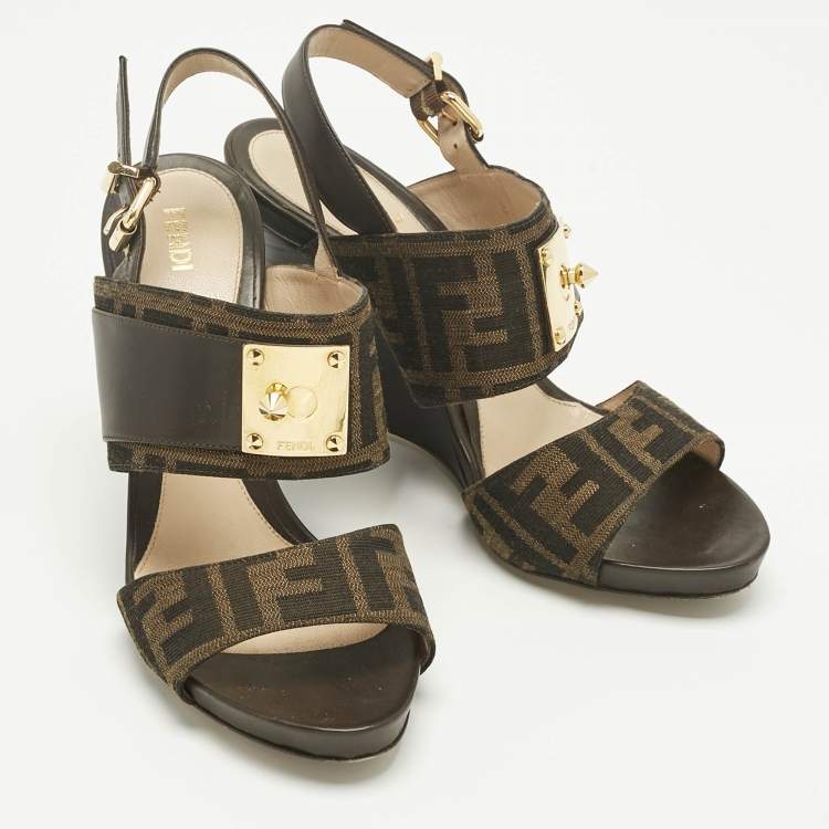 Pre Owned Fendi Brown Zucca Canvas and Leather Slingback Wedge Sandals Size 39