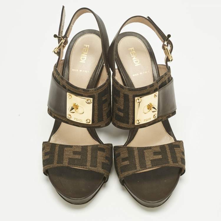 Pre Owned Fendi Brown Zucca Canvas and Leather Slingback Wedge Sandals Size 39
