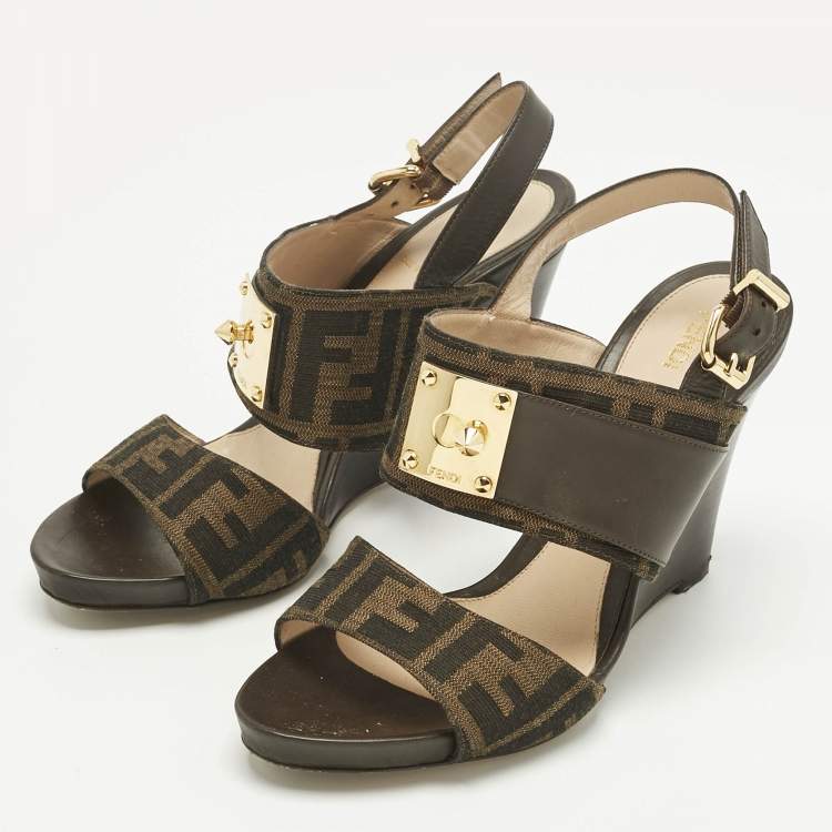 Pre Owned Fendi Brown Zucca Canvas and Leather Slingback Wedge Sandals Size 39
