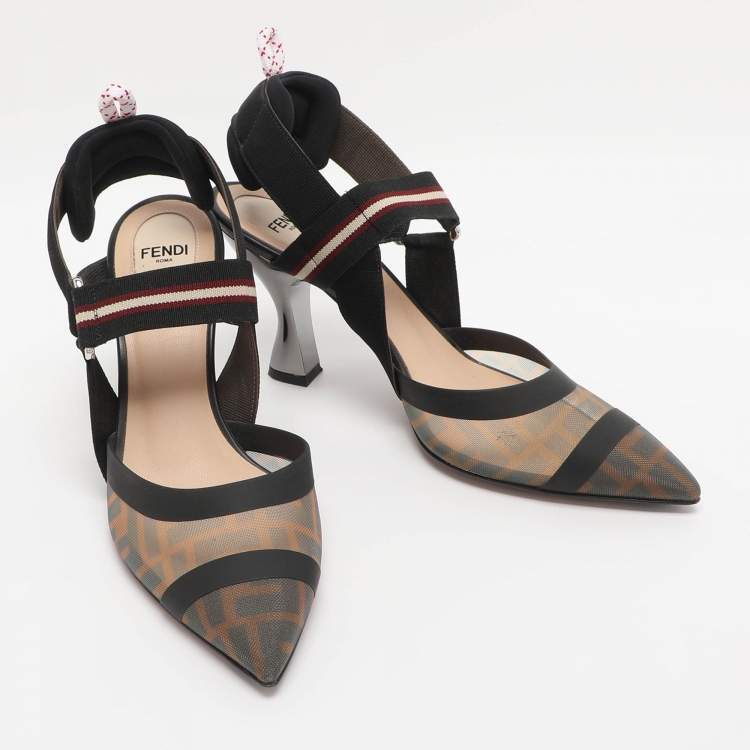 Pre Owned Fendi Multicolor Mesh And Fabric Colibri Slingback Pointed Toe Sandals Size 37.5