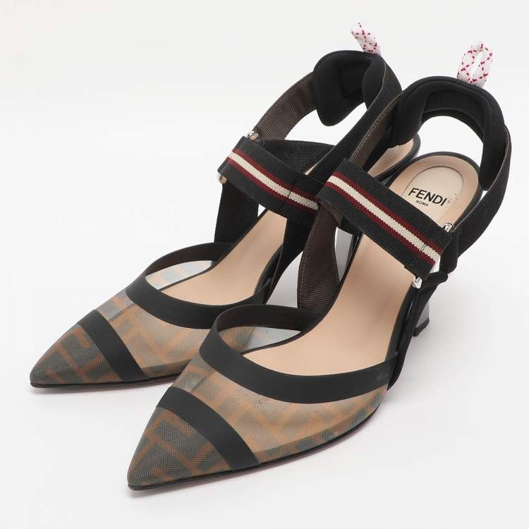 Pre Owned Fendi Multicolor Mesh And Fabric Colibri Slingback Pointed Toe Sandals Size 37.5