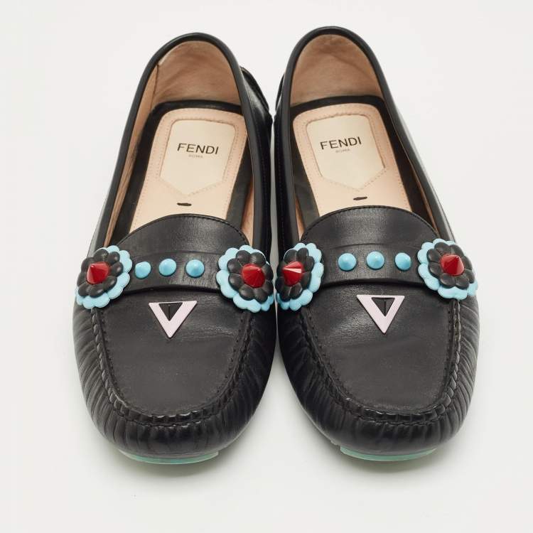 Pre Owned Fendi Black Leather Studded Flowerland Loafers Size 40