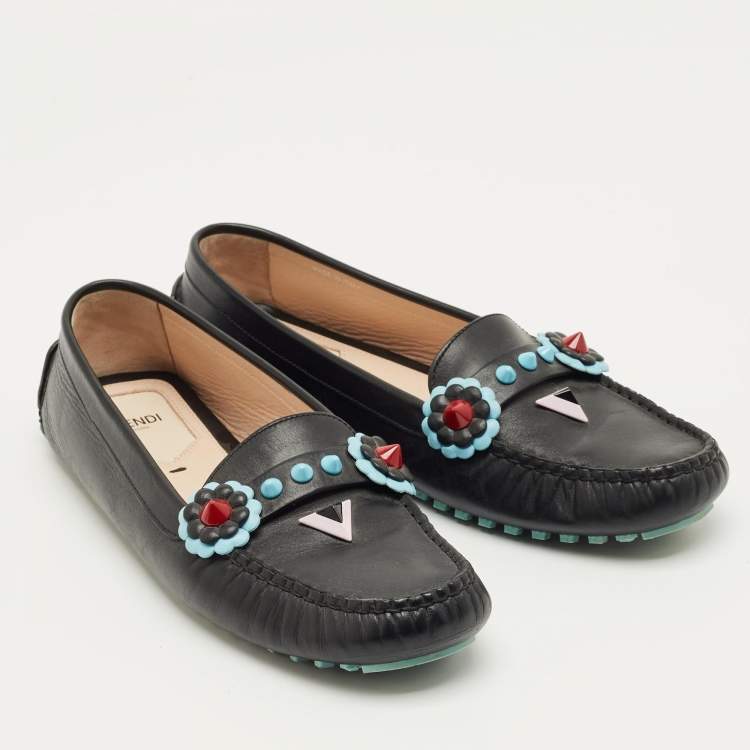 Pre Owned Fendi Black Leather Studded Flowerland Loafers Size 40
