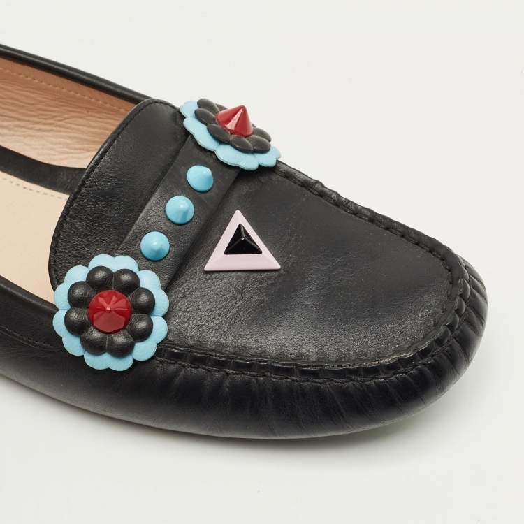 Pre Owned Fendi Black Leather Studded Flowerland Loafers Size 40