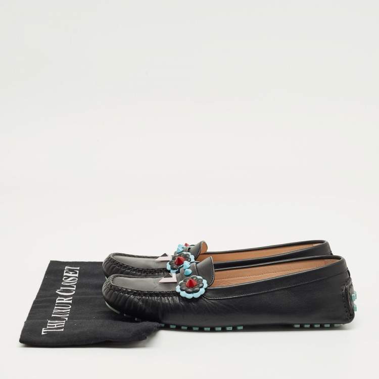 Pre Owned Fendi Black Leather Studded Flowerland Loafers Size 40