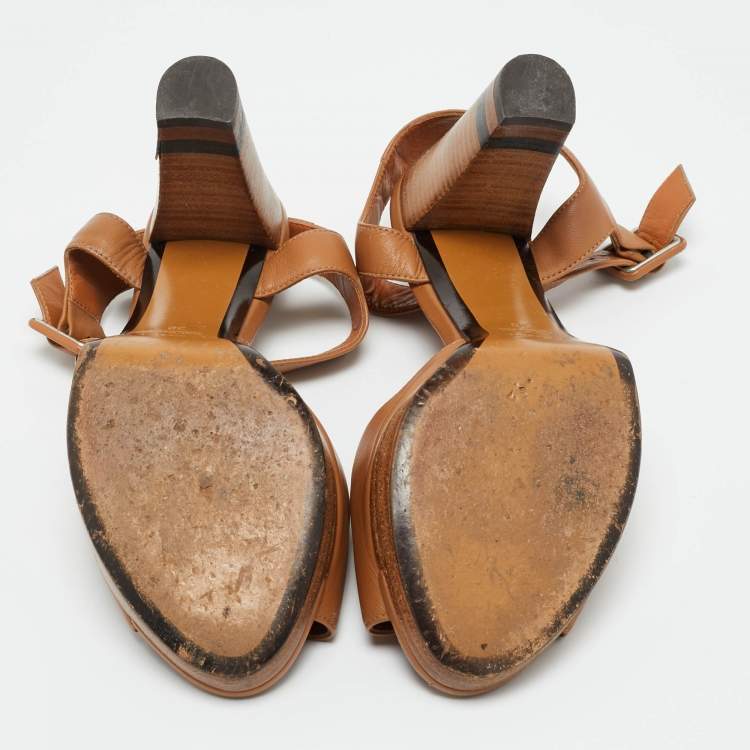 Pre Owned Fendi Brown Leather Peep Toe Platform Ankle Strap Sandals Size 38