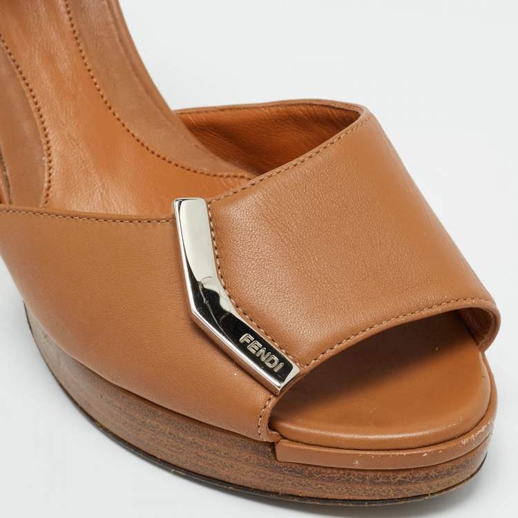 Pre Owned Fendi Brown Leather Peep Toe Platform Ankle Strap Sandals Size 38