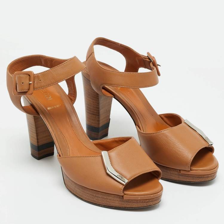 Pre Owned Fendi Brown Leather Peep Toe Platform Ankle Strap Sandals Size 38