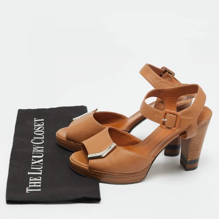 Pre Owned Fendi Brown Leather Peep Toe Platform Ankle Strap Sandals Size 38