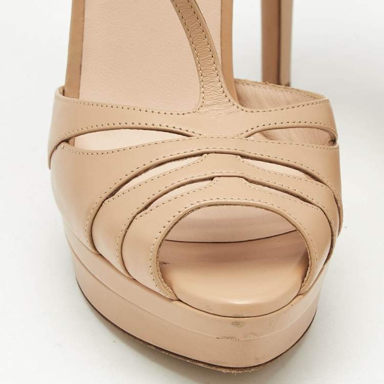 Pre Owned Fendi Beige Leather Duo Platform T-Strap Sandals Size 37