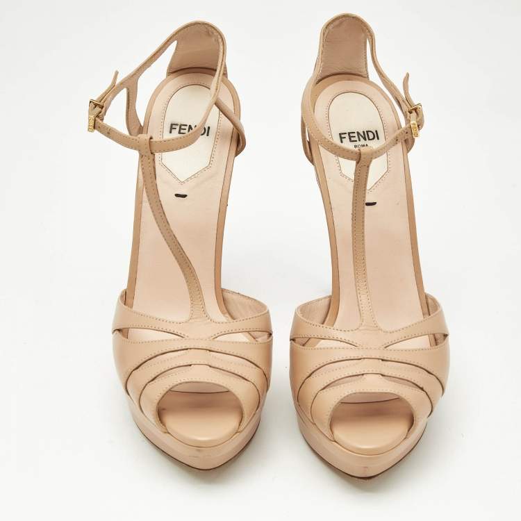 Pre Owned Fendi Beige Leather Duo Platform T-Strap Sandals Size 37