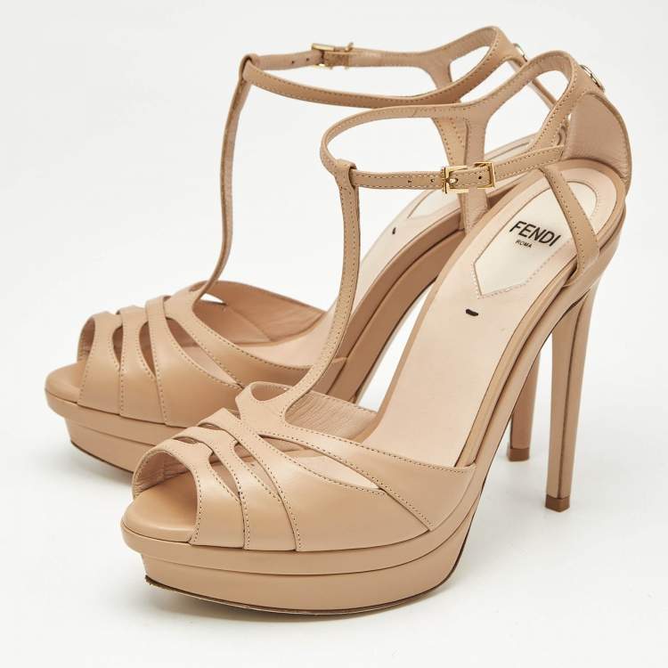 Pre Owned Fendi Beige Leather Duo Platform T-Strap Sandals Size 37