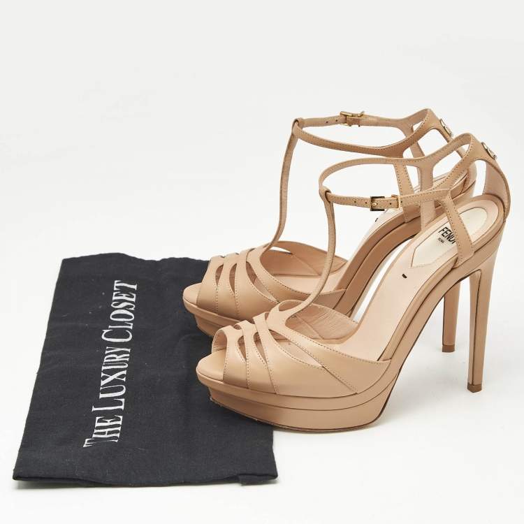 Pre Owned Fendi Beige Leather Duo Platform T-Strap Sandals Size 37