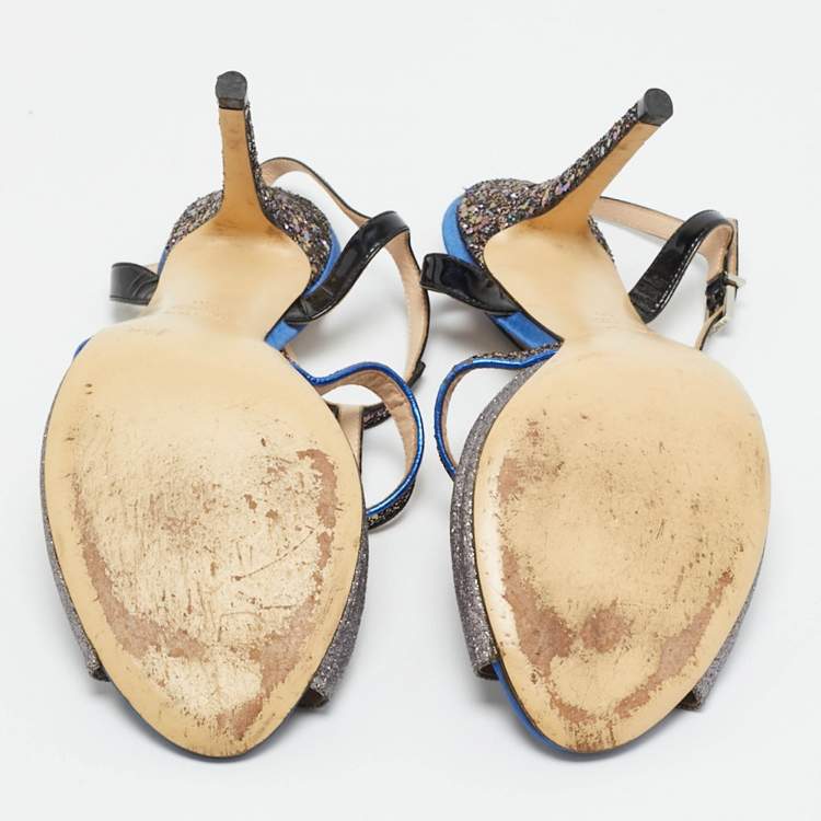 Pre Owned Fendi Multicolor Glitter and Patent Leather Ankle Strap Sandals Size 40