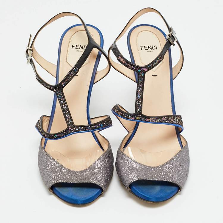 Pre Owned Fendi Multicolor Glitter and Patent Leather Ankle Strap Sandals Size 40