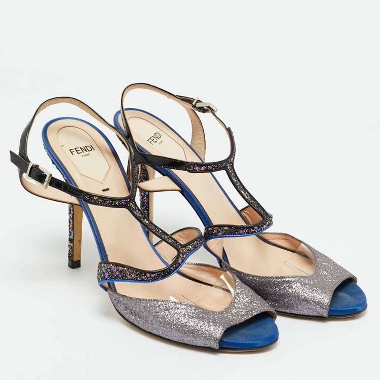 Pre Owned Fendi Multicolor Glitter and Patent Leather Ankle Strap Sandals Size 40