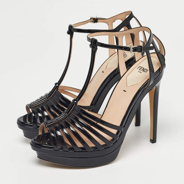 Pre Owned Fendi Black Patent Leather Strappy T-Bar Platform Sandals Size 37