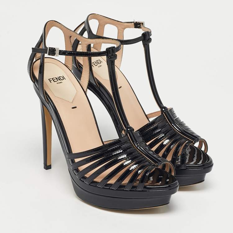 Pre Owned Fendi Black Patent Leather Strappy T-Bar Platform Sandals Size 37