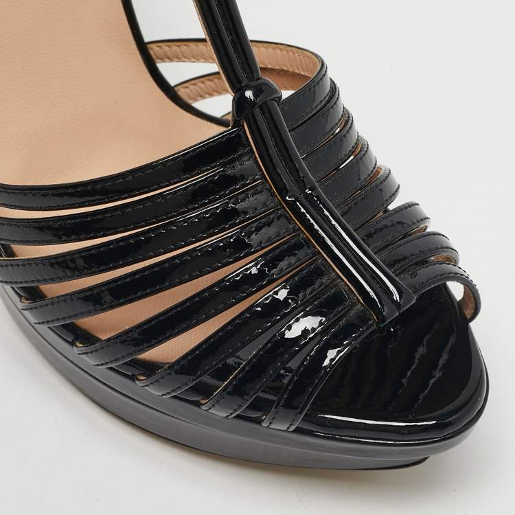 Pre Owned Fendi Black Patent Leather Strappy T-Bar Platform Sandals Size 37