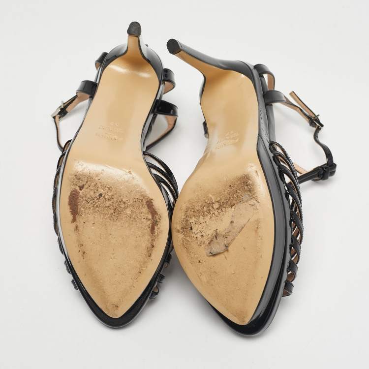 Pre Owned Fendi Black Patent Leather Strappy T-Bar Platform Sandals Size 37