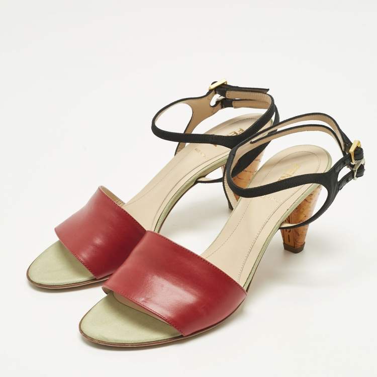 Pre Owned Fendi Multicolor Fabric and Leather Cork Ankle Strap Sandals Size 36