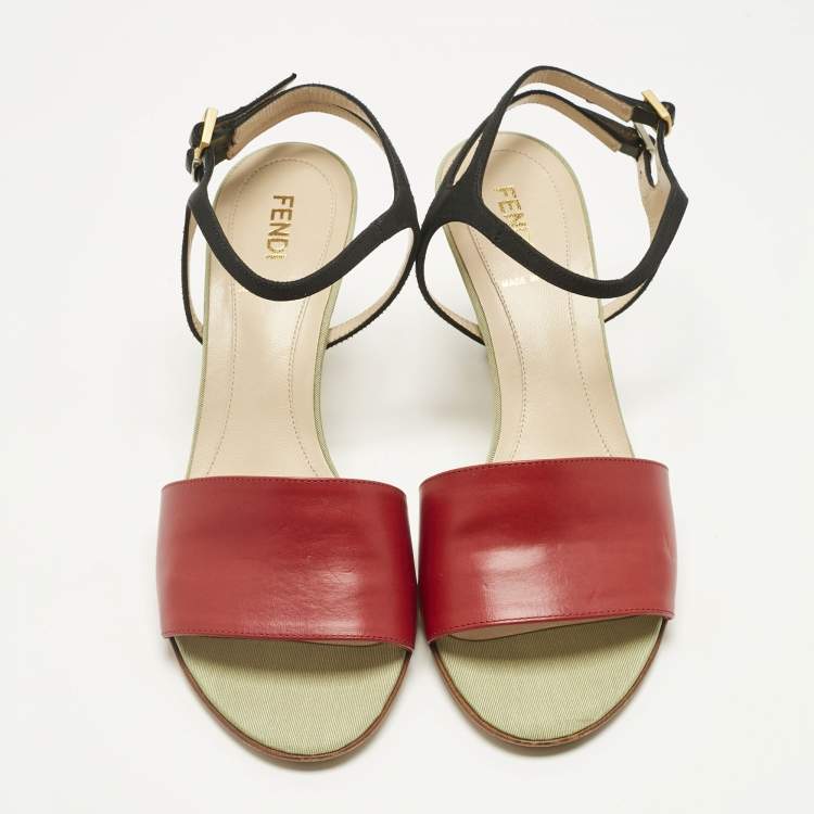 Pre Owned Fendi Multicolor Fabric and Leather Cork Ankle Strap Sandals Size 36