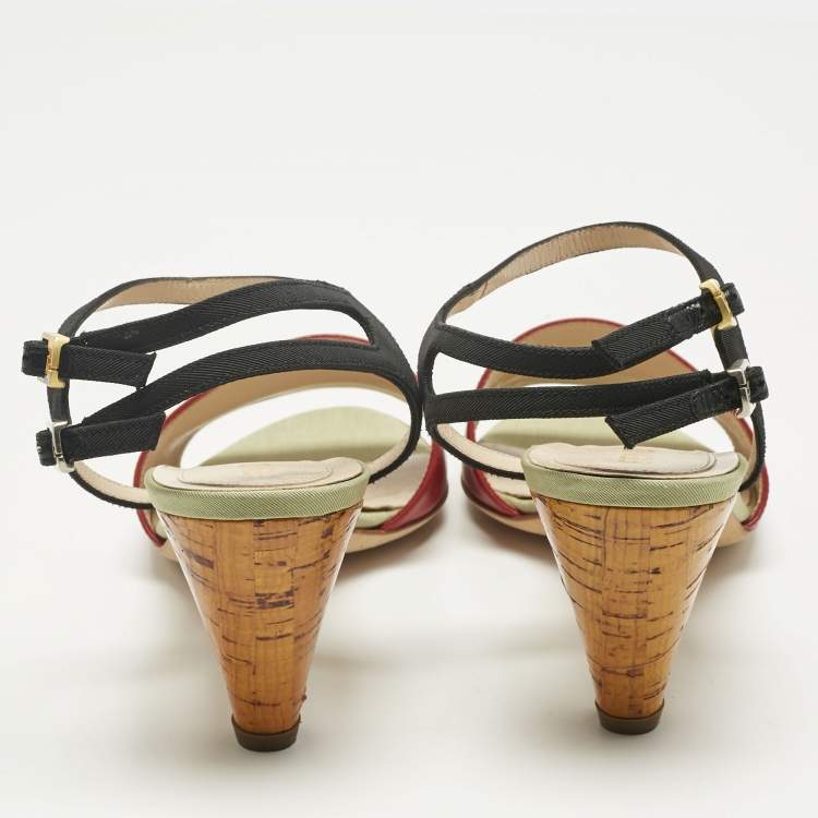 Pre Owned Fendi Multicolor Fabric and Leather Cork Ankle Strap Sandals Size 36