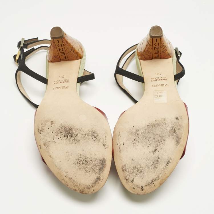 Pre Owned Fendi Multicolor Fabric and Leather Cork Ankle Strap Sandals Size 36