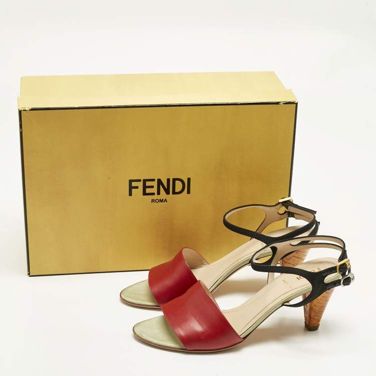 Pre Owned Fendi Multicolor Fabric and Leather Cork Ankle Strap Sandals Size 36