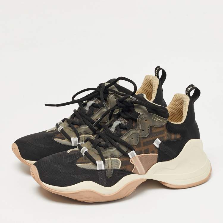 Pre Owned Fendi Black/Brown Zucca Mesh and PVC Fluid High Top Sneakers Size 39