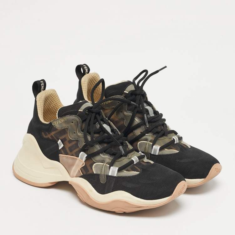 Pre Owned Fendi Black/Brown Zucca Mesh and PVC Fluid High Top Sneakers Size 39