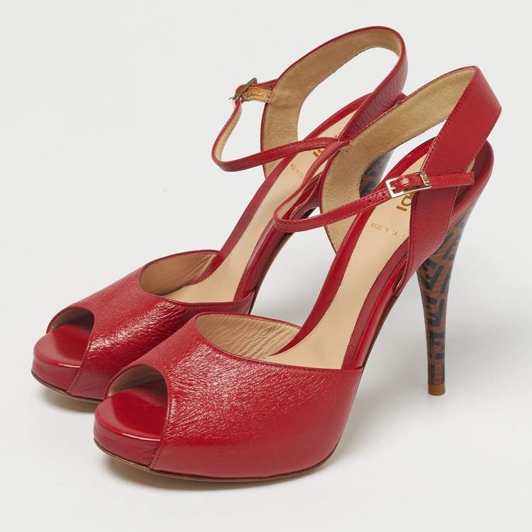 Pre Owned Fendi Red Leather Zucca Print Heel Peep Toe Ankle Strap Sandals Size 38