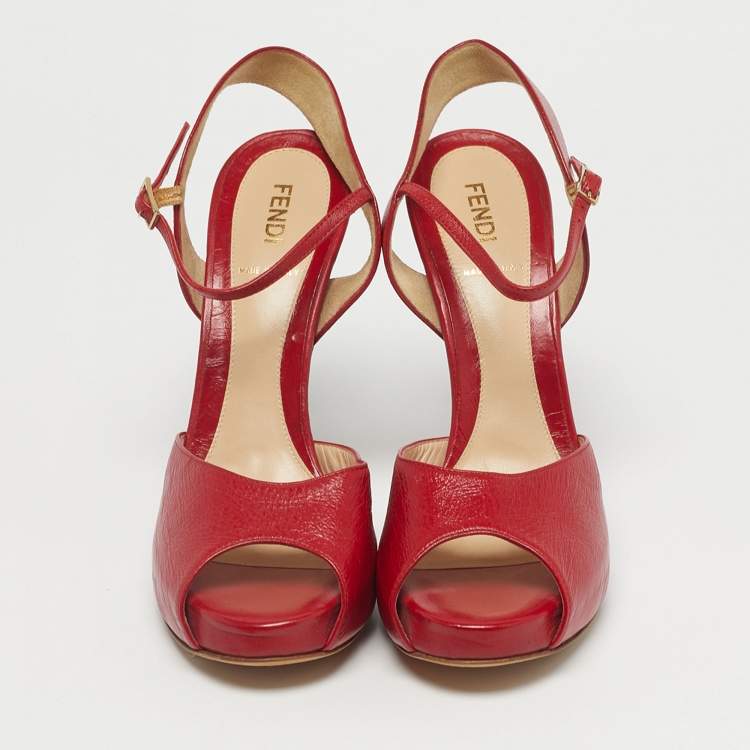 Pre Owned Fendi Red Leather Zucca Print Heel Peep Toe Ankle Strap Sandals Size 38