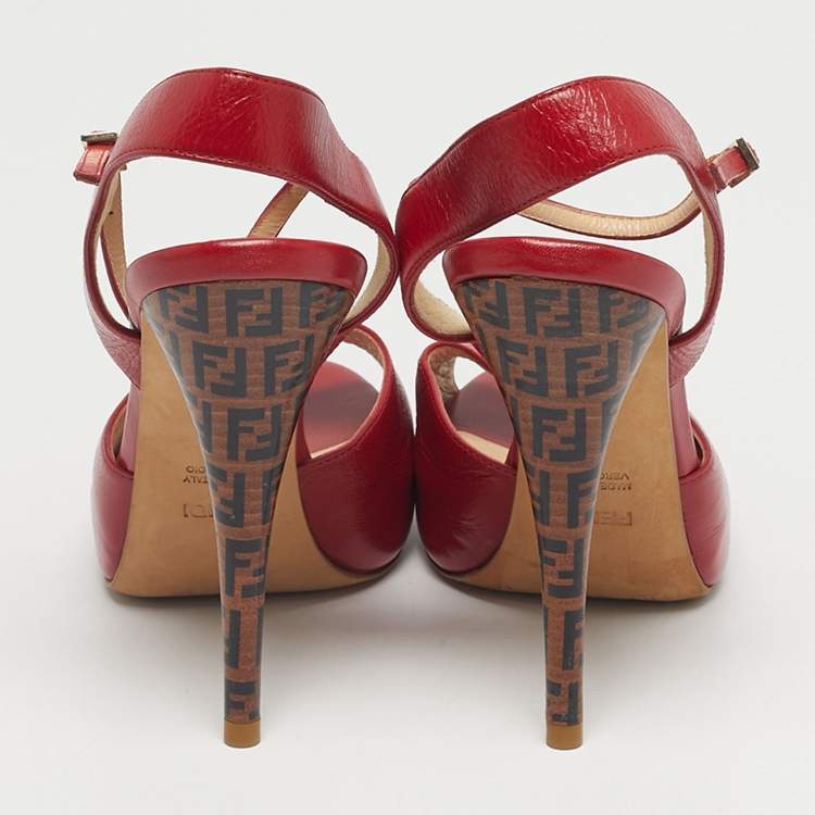 Pre Owned Fendi Red Leather Zucca Print Heel Peep Toe Ankle Strap Sandals Size 38