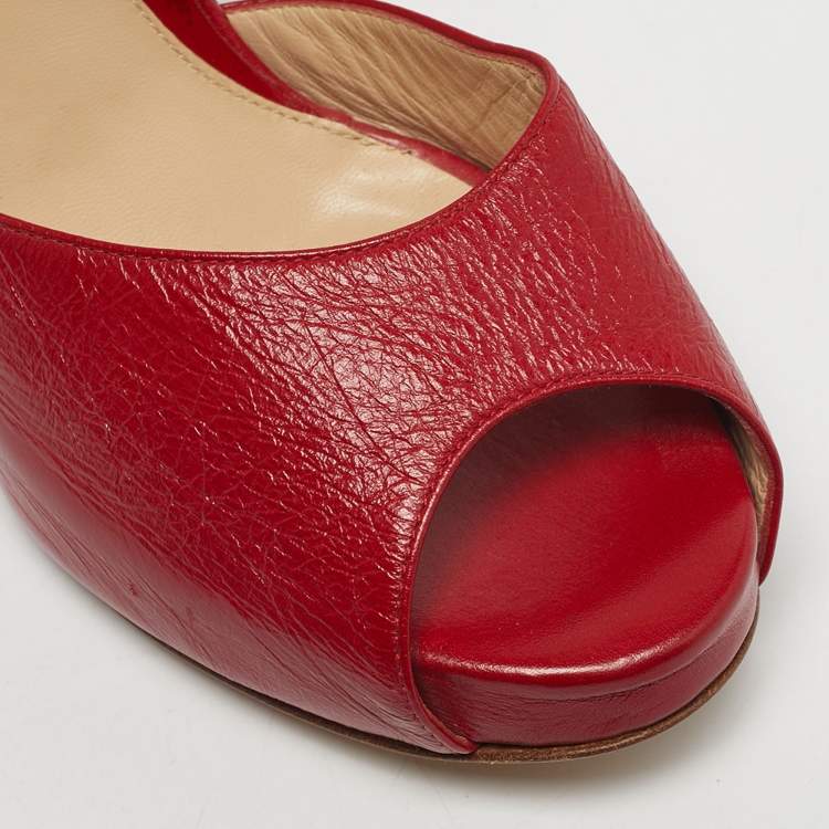 Pre Owned Fendi Red Leather Zucca Print Heel Peep Toe Ankle Strap Sandals Size 38