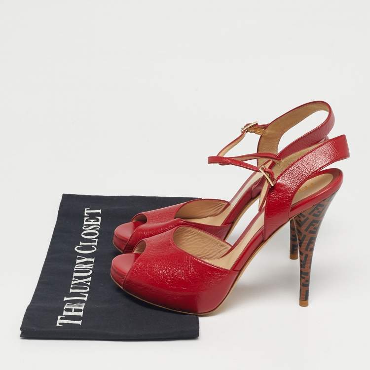 Pre Owned Fendi Red Leather Zucca Print Heel Peep Toe Ankle Strap Sandals Size 38