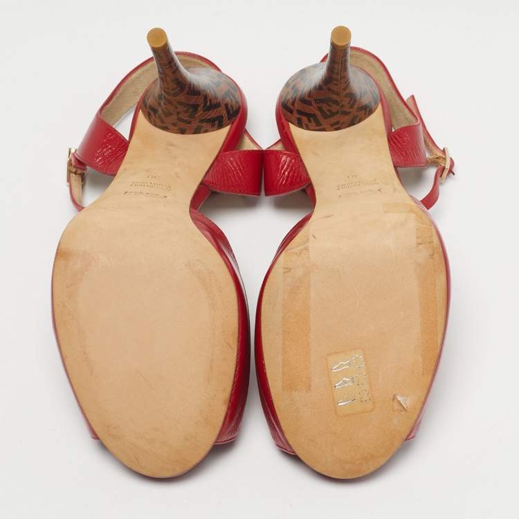 Pre Owned Fendi Red Leather Zucca Print Heel Peep Toe Ankle Strap Sandals Size 38