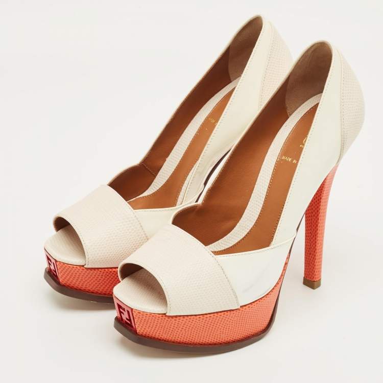 Pre Owned Fendi Cream/Orange Lizard Embossed Leather Fendista Peep Toe Pumps Size 37,5