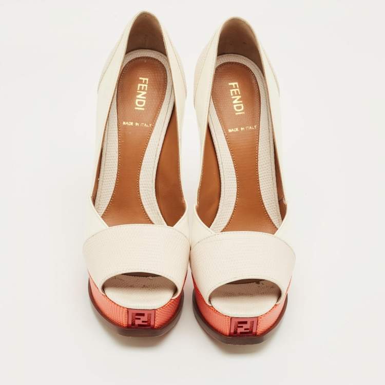 Pre Owned Fendi Cream/Orange Lizard Embossed Leather Fendista Peep Toe Pumps Size 37,5