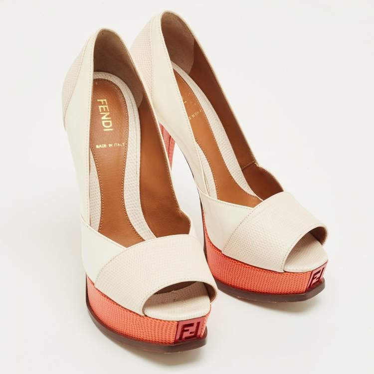 Pre Owned Fendi Cream/Orange Lizard Embossed Leather Fendista Peep Toe Pumps Size 37,5