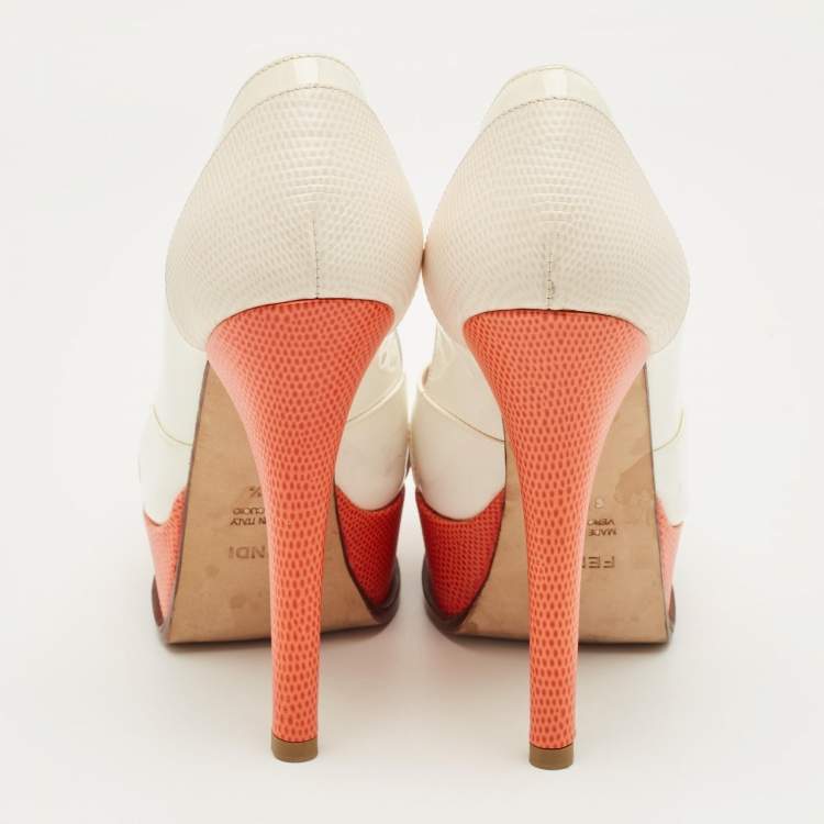 Pre Owned Fendi Cream/Orange Lizard Embossed Leather Fendista Peep Toe Pumps Size 37,5