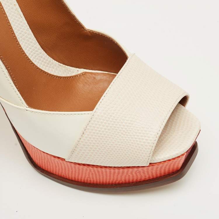 Pre Owned Fendi Cream/Orange Lizard Embossed Leather Fendista Peep Toe Pumps Size 37,5
