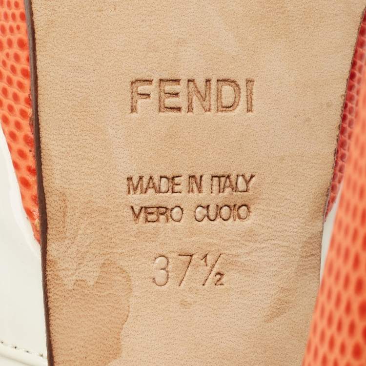 Pre Owned Fendi Cream/Orange Lizard Embossed Leather Fendista Peep Toe Pumps Size 37,5