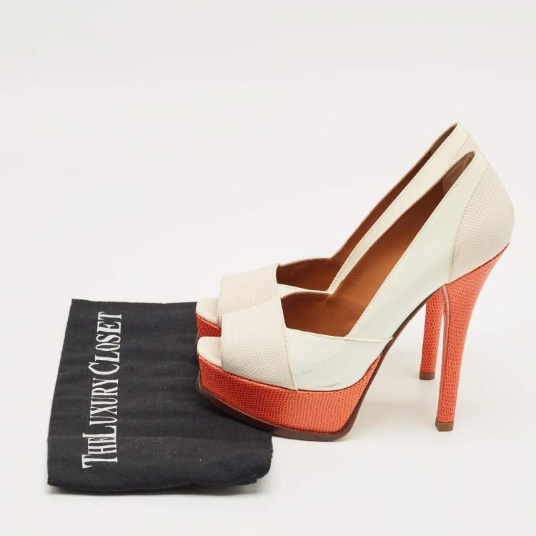 Pre Owned Fendi Cream/Orange Lizard Embossed Leather Fendista Peep Toe Pumps Size 37,5